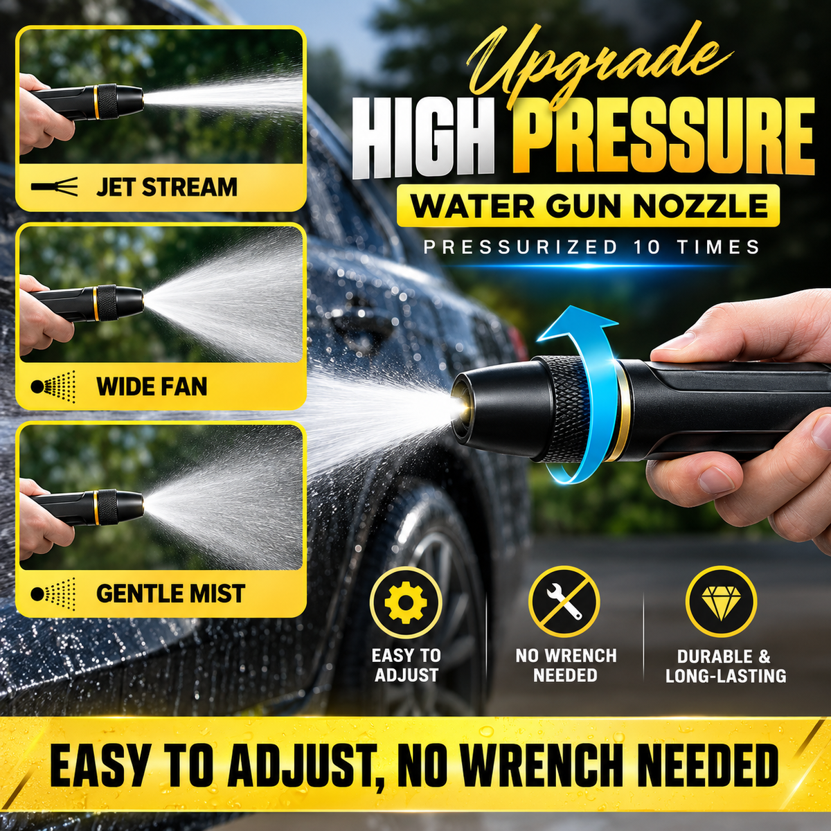 2026 VERSION - 80% OFF🔥Heavy Duty Adjustable Twist Hose Nozzle 🚀10X Higher Pressure |3 Spray Modes | Heavy-Duty Metal Body